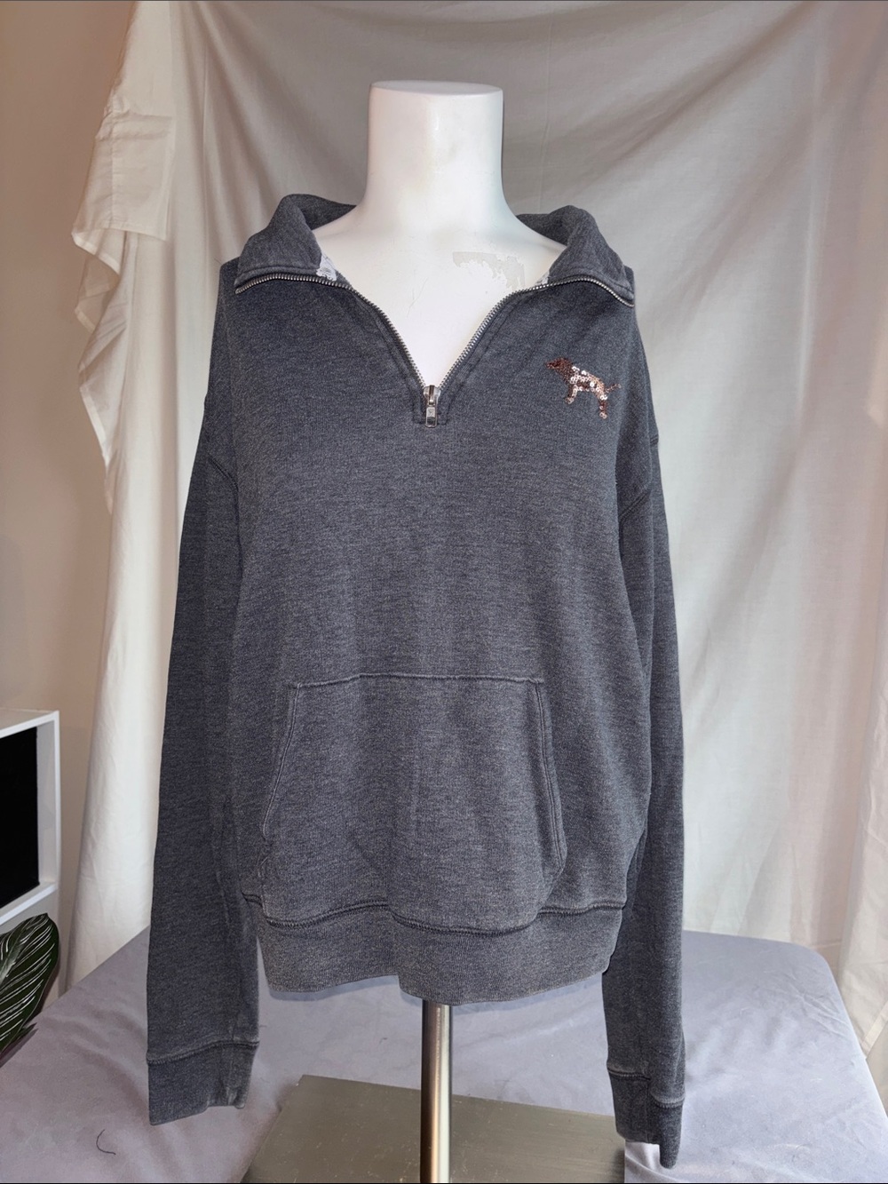 PINK Victoria's Secret Gray Pullover with Rose-Gold Sequin Logo